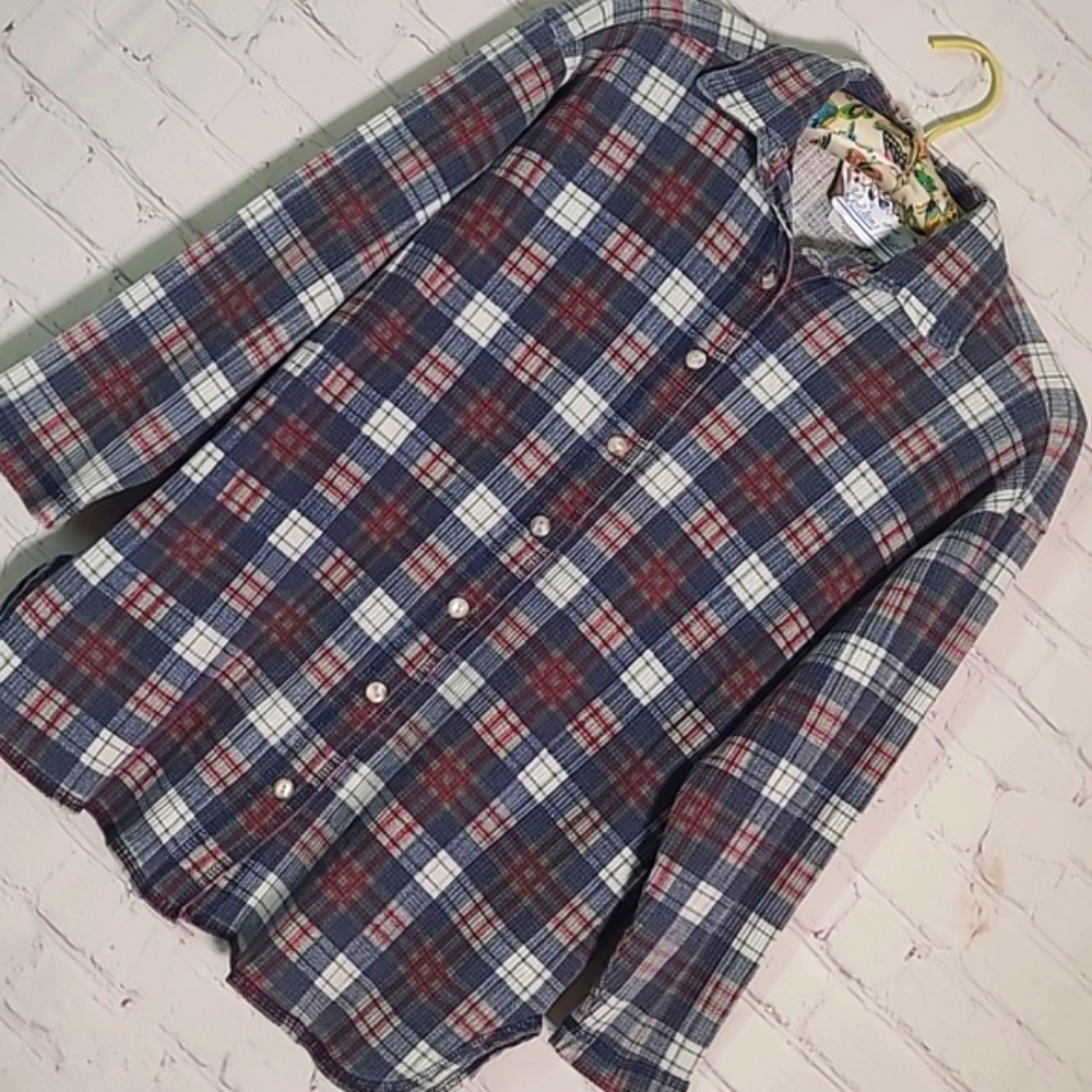 Vintage 80s Waffle Knit Blue Red Plaid Flannel Button Front Shirt Womens Small - Picture 10 of 16